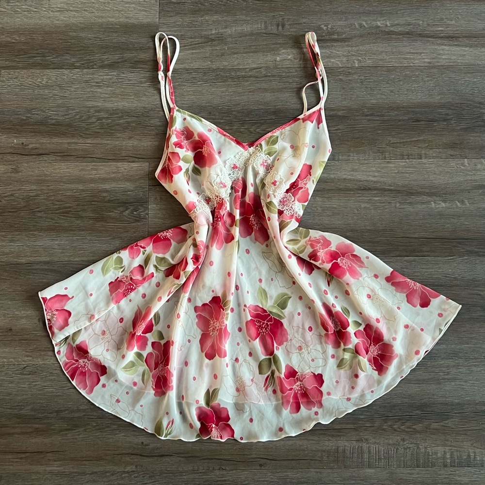 Vintage Y2K Floral Sequin Chemise Baby Doll Nightie Slip Dress
